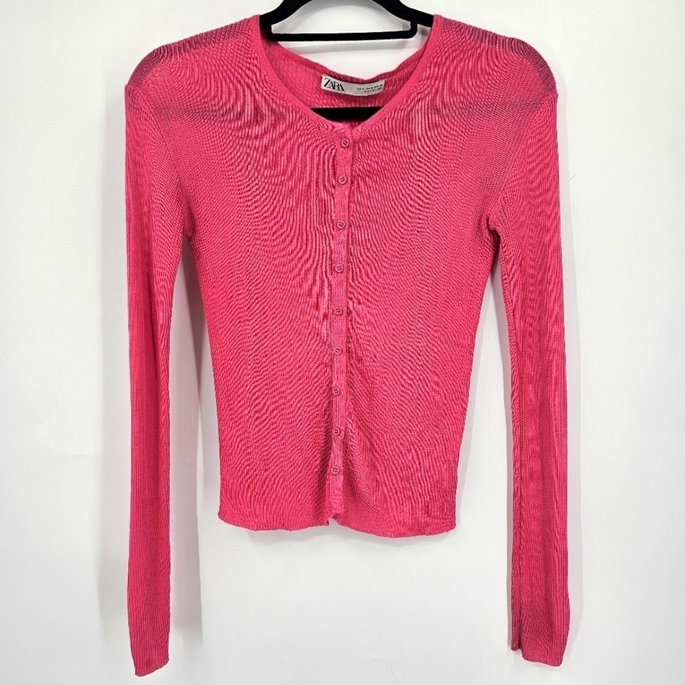 Zara Hot Pink Ribbed Knit‎ Cardigan | Long Sleeve | Size S